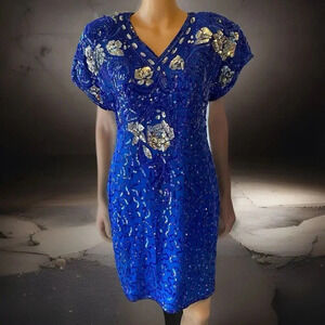 VTG Stenay Blue Silk Beaded Cocktail Dress Silver Sequins Sexy Back Peep Hole 8